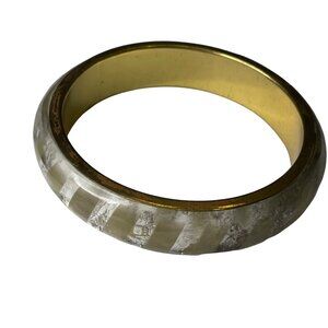 Vintage Y2K Bangle Bracelet Silver Leaf Resin Overlay Gold Tone Striped  u